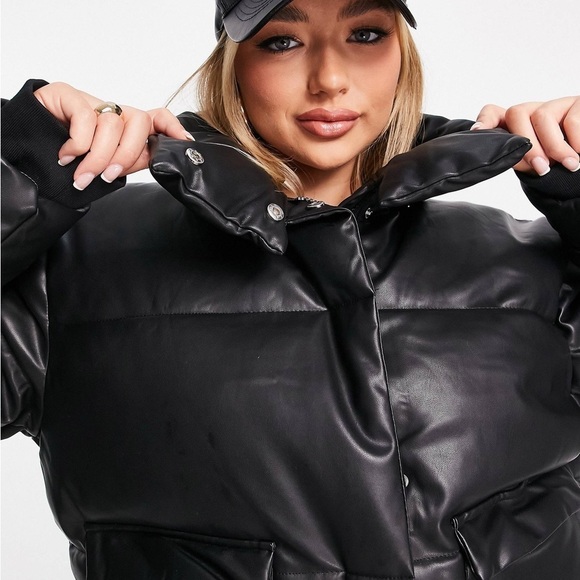 Missguided Faux Leather Padded Black Puffer Jacket US Size 14 - Picture 4 of 4